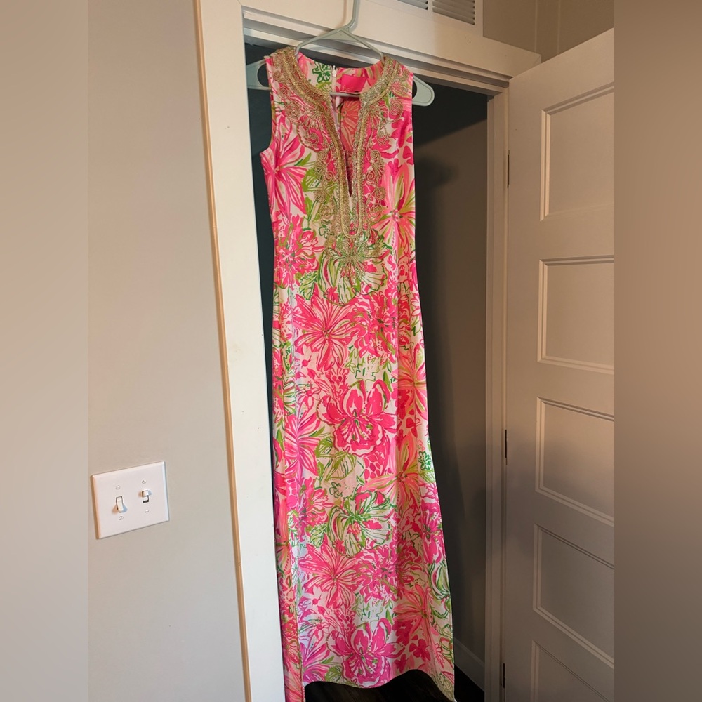 Lilly Pulitzer Vibrant Pink and Green Floral Maxi Dress